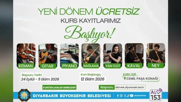 Diyarbakır&rsquo;da 7 branşta &uuml;cretsiz m&uuml;zik kursu kayıtları başladı